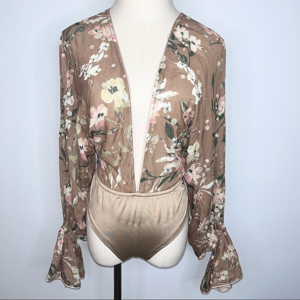 OLIVACEOUS Golden Brown Floral Boho Deep V Neck Cut Bodysuit Small NWOT